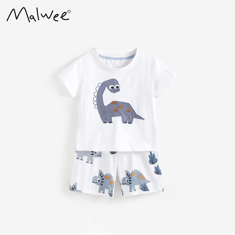 Malwee transfronterizo niño conjunto de verano nuevo guapo impresión camiseta de cuello redondo para niños europeos y estadounidenses dos conjuntos