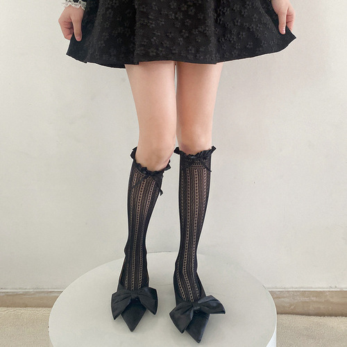 Mary Jane lace-up openwork mesh children's mid-calf thin breathable butterfly knot stacker calf socks JK summer
