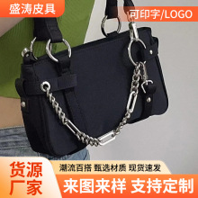 潮流时尚酷女孩机车包气质辣妹链条手提包百搭黑色尼龙单肩腋下包