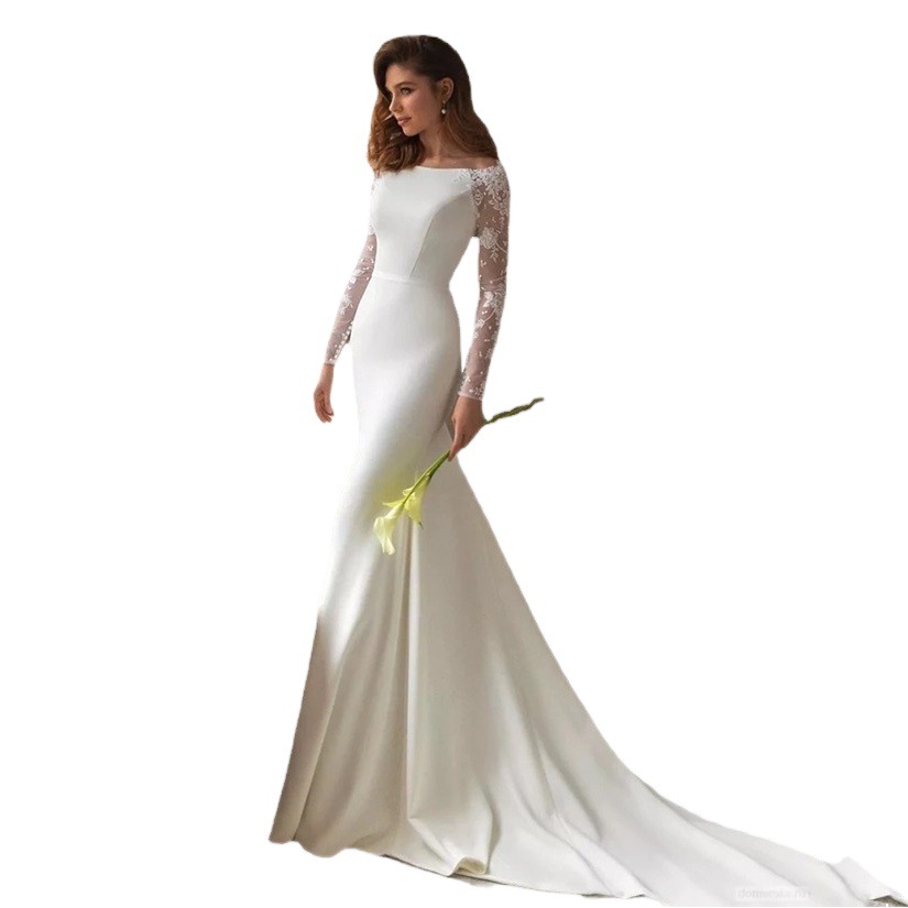 Vestido de novia de manga larga, estilo forestal, nuevo modelo 2026, cuello en U sencillo, corte ajustado, estilo sirena, para fotografía de viajes, cola pequeña, tul suave, efecto adelgazante.