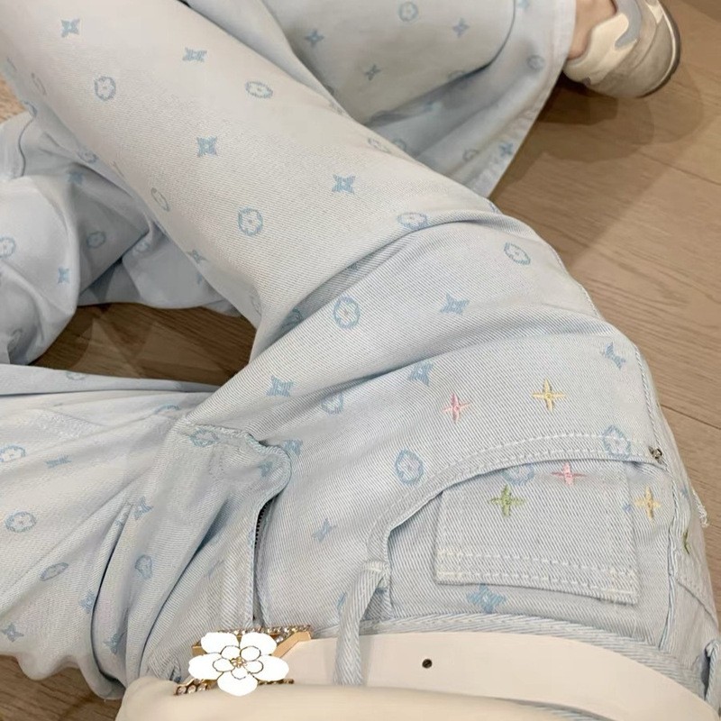 2026 Summer Sweet Style Light Blue Star Jacquard Jeans for Women High-Waisted Loose Straight Casual Pants Versatile and Slimming 2026 Summer Sweet Style Light Blue Star Jacquard Jeans for Women High-Waisted Loose Straight Casual Pants Versatile and Slimming