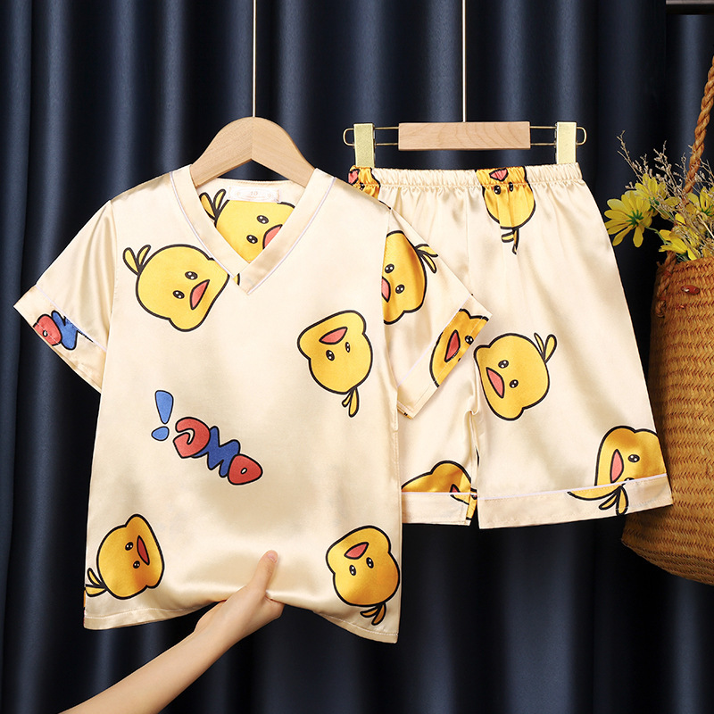 Pijamas para niños de verano de seda de hielo con cuello en V de manga corta niños delgados bebés y niñas de simulación de seda traje de desgaste para el hogar