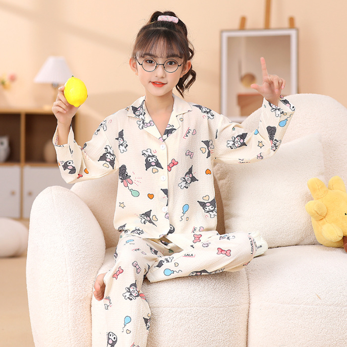 Pijamas infantiles primavera y otoño delgada espuma tela arrugada ropa para el hogar niñas dibujos animados aire acondicionado ventilado ropa de verano