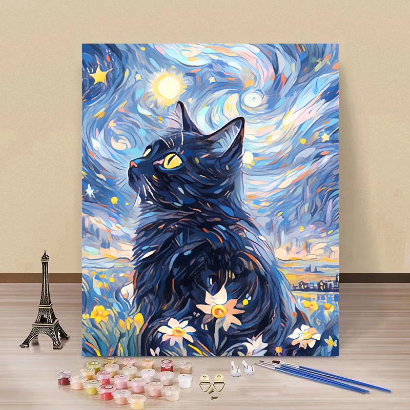 Pintura por números “Gato Estrellado” — arte DIY de fábrica al por mayor, estilo Van Gogh, flores y paisajes hechos a mano