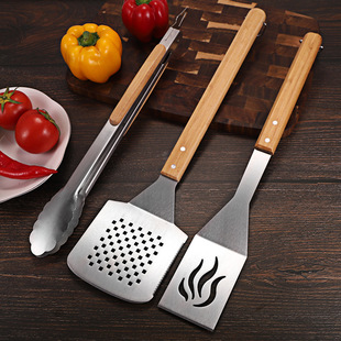 Amazon Stainless Steel Grill 3-Piece Bbq Barbecue Tool Set Bamboo Handle Set Outdoor Household Spatula Clip