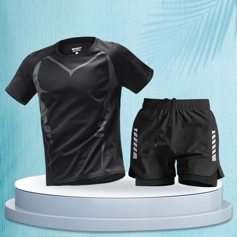 ランニングメンズスポーツスーツマラソンプロ夏半袖ショーツ機器速乾性トレーニングフィットネス服|undefined