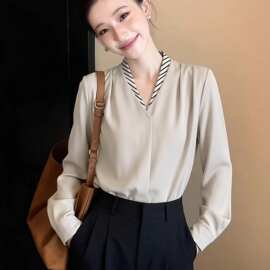 金步康轻熟通勤风领条纹拼接假两件衬衫2026新款女士职场气质长