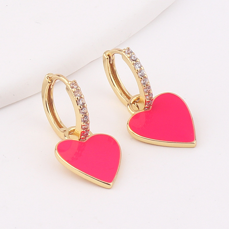 Retro Heart Shape Copper Earrings Stoving Varnish Artificial Gemstones Copper Earrings