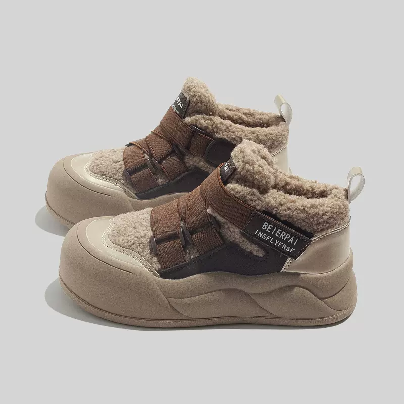 蓓尔羊羔绒高帮小白鞋女2025冬季新款休闲鞋保暖二棉鞋圆头雪地靴