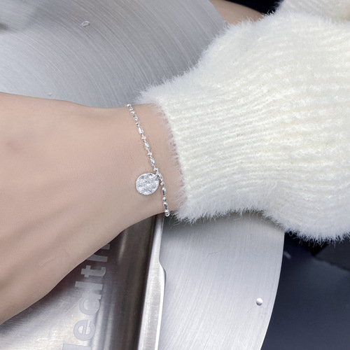 Korean Vintage S925 Pure Silver Shimmering Wave Charm Lucky Letter Round Pendant Cold Style Elegant Women's Jewelry Bracelet