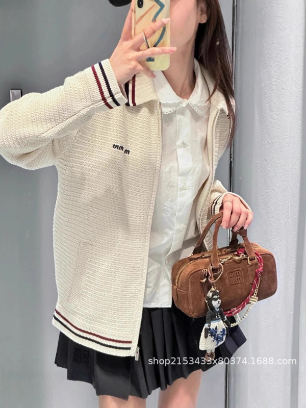 25Ss早秋新款M家撞色针织拉链外套韩系少女风刺绣字母翻领开衫|undefined