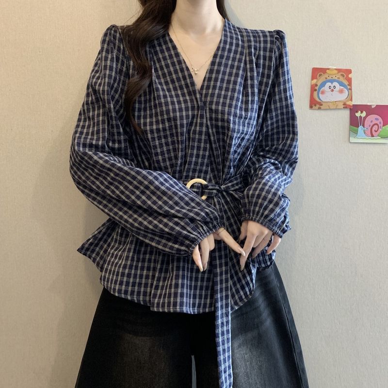 大码秋装韩版不规则格子配腰带收腰衬衫女遮肚子韩系休闲简约上衣|undefined