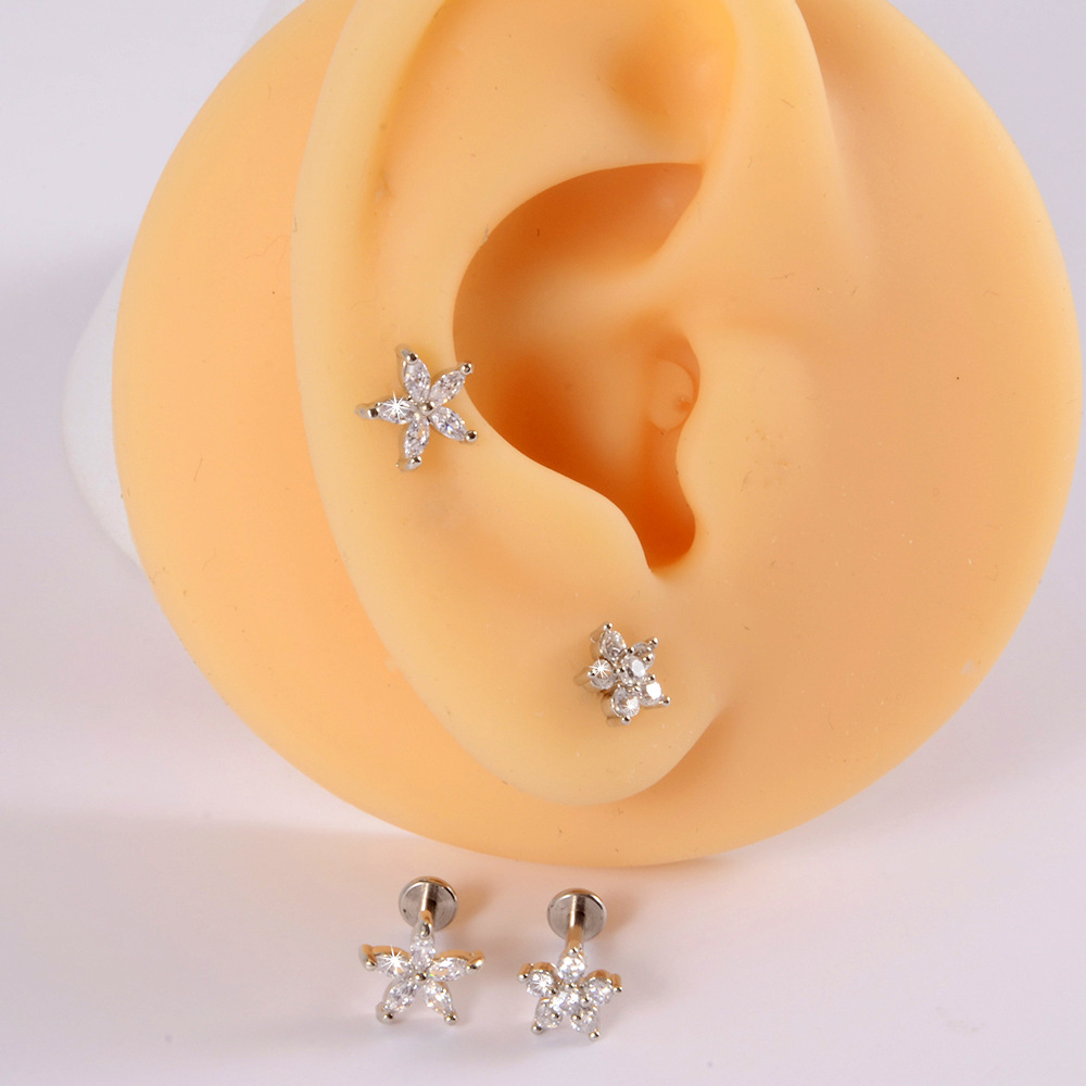 Fashion Heart Shape Flower Stainless Steel Copper Plating Inlay Zircon Lip Stud 1 Piece display picture 3