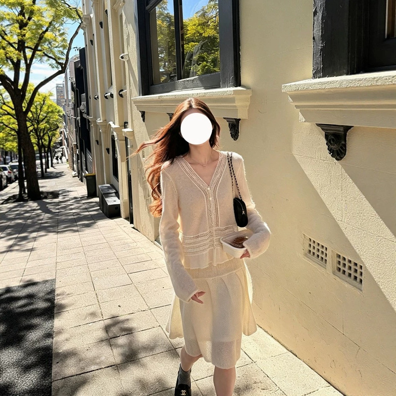 Raw C Sheep Alpaca Wool Mohair V-Neck Lace Semi-Sheer Knit Sweater Women's Spring and Autumn Ruffle Skirt Set