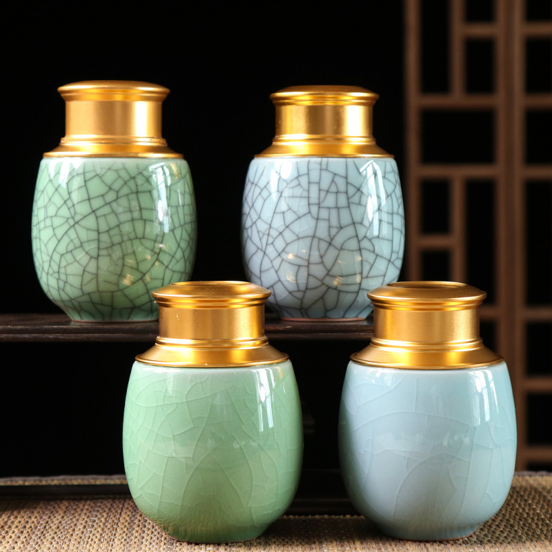 陶瓷茶葉罐密封罐哥窯汝窯開片小號金屬蓋迷你旅行便攜泡茶罐工廠