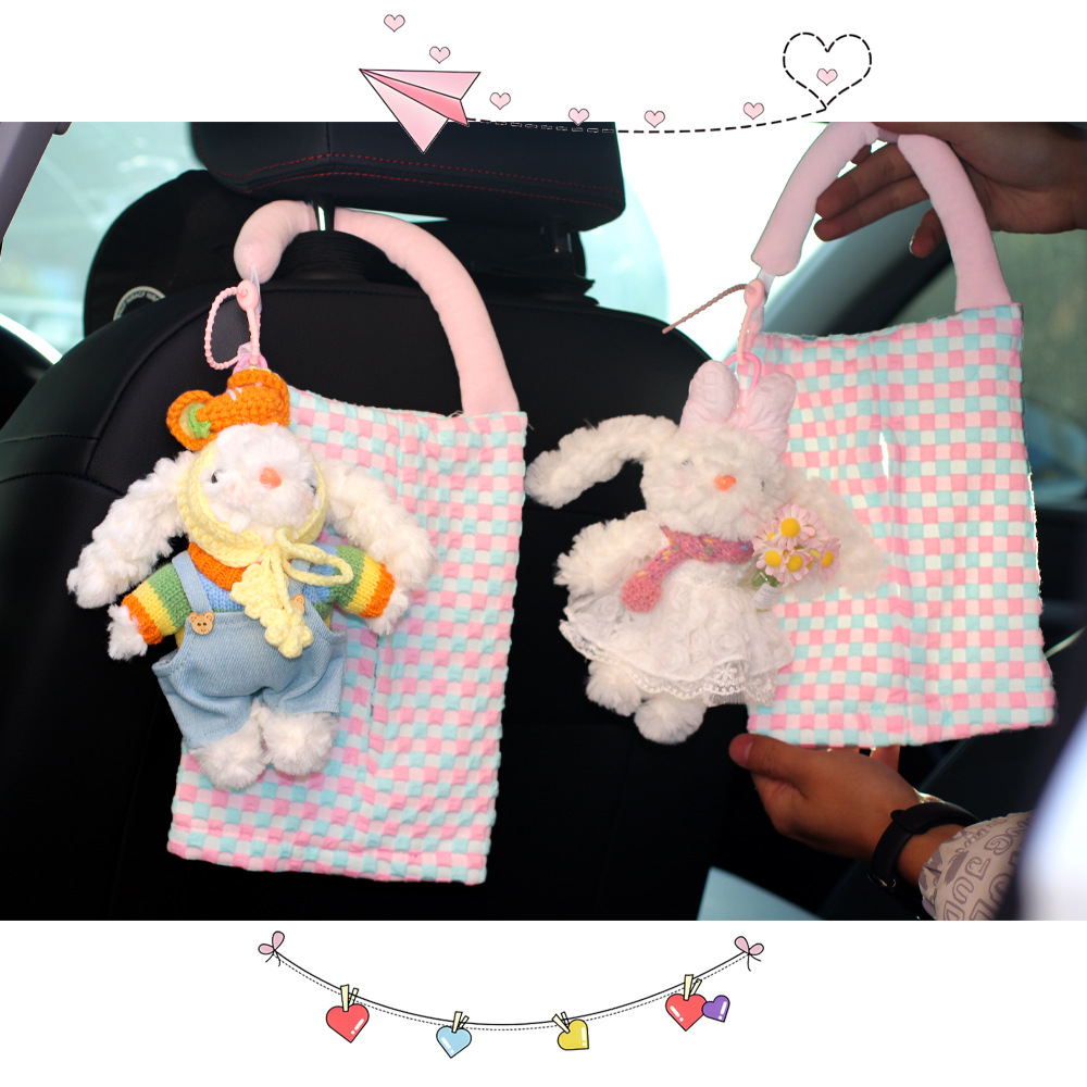 Lindo conejo, toalla de papel de coche, bolsa colgante, caja de cartón para coche, asiento interior, almacenamiento 2025, nueva muñeca colgante image 4