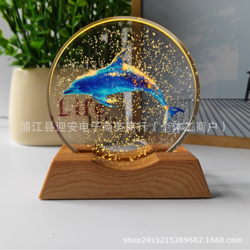 水晶发光小夜灯桌面摆件卧室床头星空银河立体激光彩印生日礼物|undefined