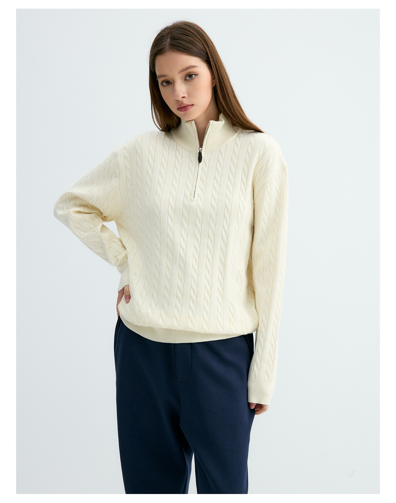 UNF 250g Half-Zip Cable-Knit Mock-Neck Sweater
