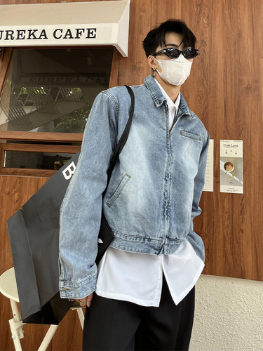 Leather-jacket minority design relaxed fit short-sleeve autumn retro distressed denim jacket for men with an Insta cool style