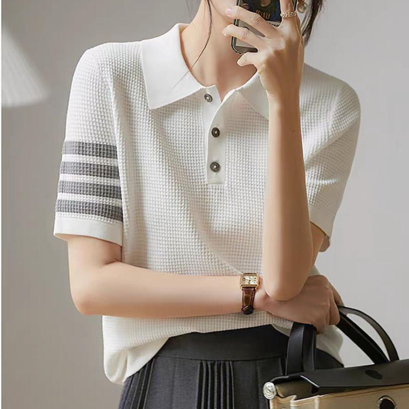 Foreign Trade Cross-border European Goods Women's Clothing New Style Temperament Age-reducing Polo Collar Double-curved Yarn Waffle Sweater Short-sleeved T-shirt Foreign Trade Cross-border European Goods Women's Clothing New Style Temperament Age-reducing Polo Collar Double-curved Yarn Waffle Sweater Short-sleeved T-shirt