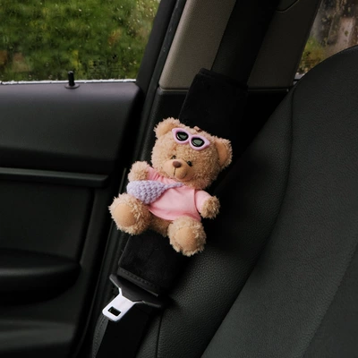 belt shoulder pad car safety: Seat belt shoulder pad - pure-pink-shirt-with-purple-cross-pack-bear-black-velvet-shoulder-pads-single