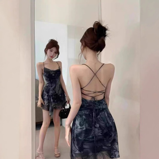 Summer Outer Wear Slim Look All-match Short Skirt Pure Desire Hot Girl Cross Backless Irregular Printed Sling dress Women