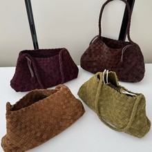 磨砂牛皮手工编织托特包2025新款小众极简复古风单肩包女真皮包包