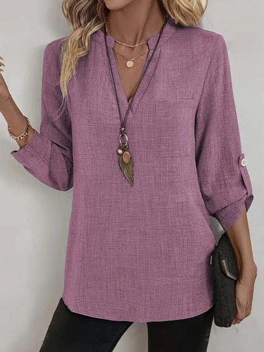 2025 Spring and Summer European and American Cross-border Overseas Trade New Women's Casual Loose Plus Size V-Neck Solid Color Shirt