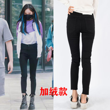 亏清！秋冬欧美FD杨幂同款纯黑色加绒高腰小脚前短后长阶梯牛仔裤