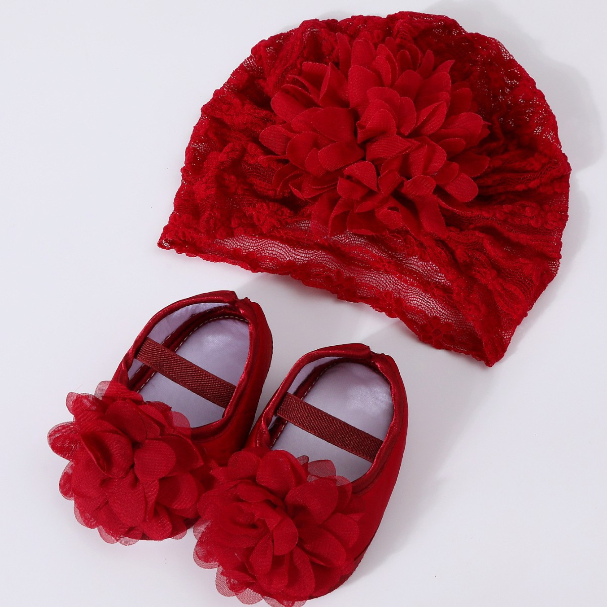 Newborn Baby Spring, Summer and Autum Fontanelle Forehead Hat Hair Accessories Lace Big Flower Princess Shoes 0-1 Year Old Baby Shoes