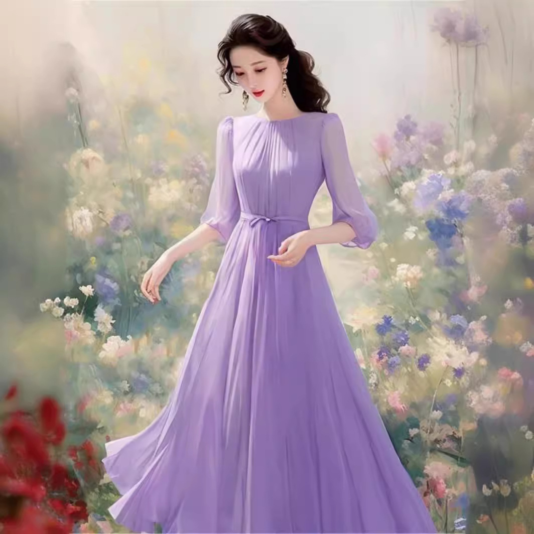 Váy liền voan tím phong cách Hepburn Pháp dáng dài thắt eo — Màu tím