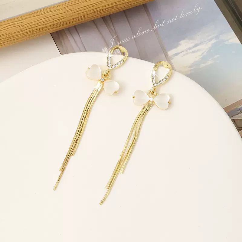 银针简约蝴蝶结个性长款爱心流苏耳环气质耳饰金色女耳坠高级感