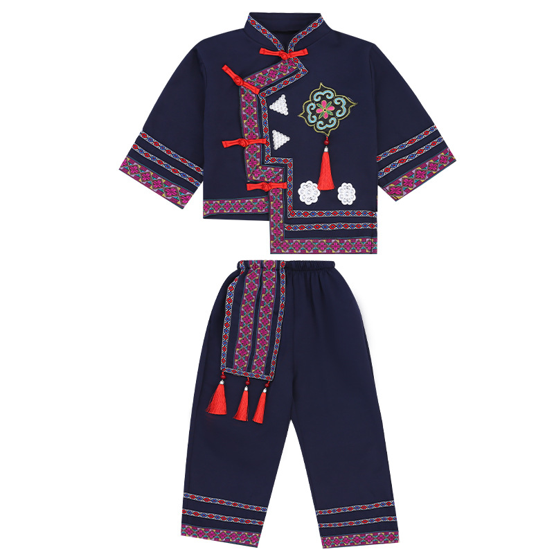 New Adult Zhuang Performance Clothing Male Minority Dance Clothing Long Sleeve Adult Ethnic Activities Miao and Dong Nationality