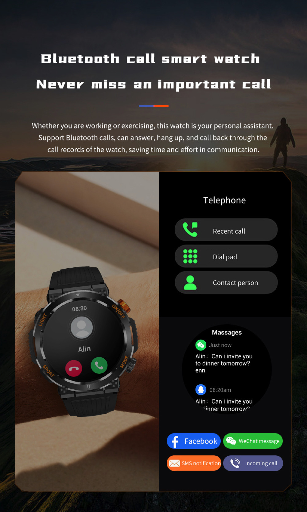 HT17 Smart Watch Herren Kompass LED Beleuchtung Outdoor Sport_voghion.com