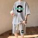High Street Lazy Style Sportswear suit Boys Summer Short-sleeved T-shirt Shorts Two-piece Clothes Men's Set