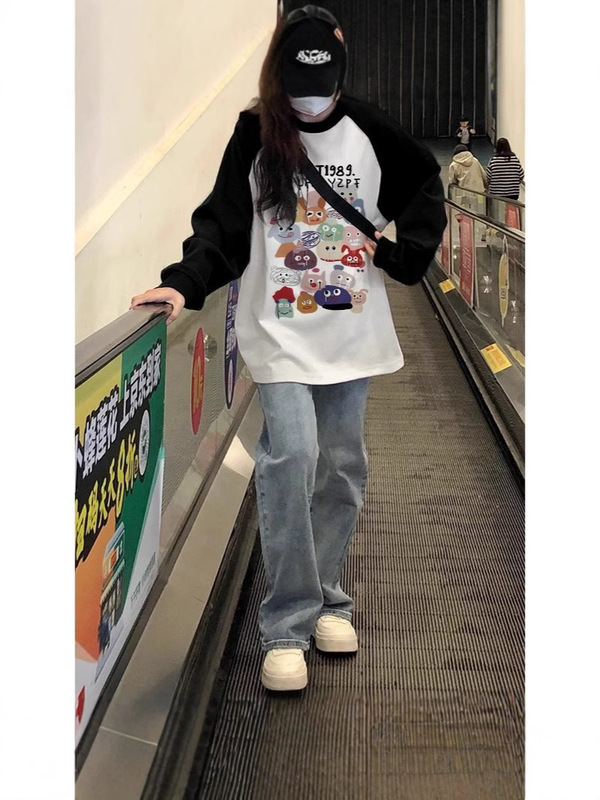 学生纯棉长袖T恤少女春秋季初中高中生宽松大码百搭打底插肩上衣|undefined