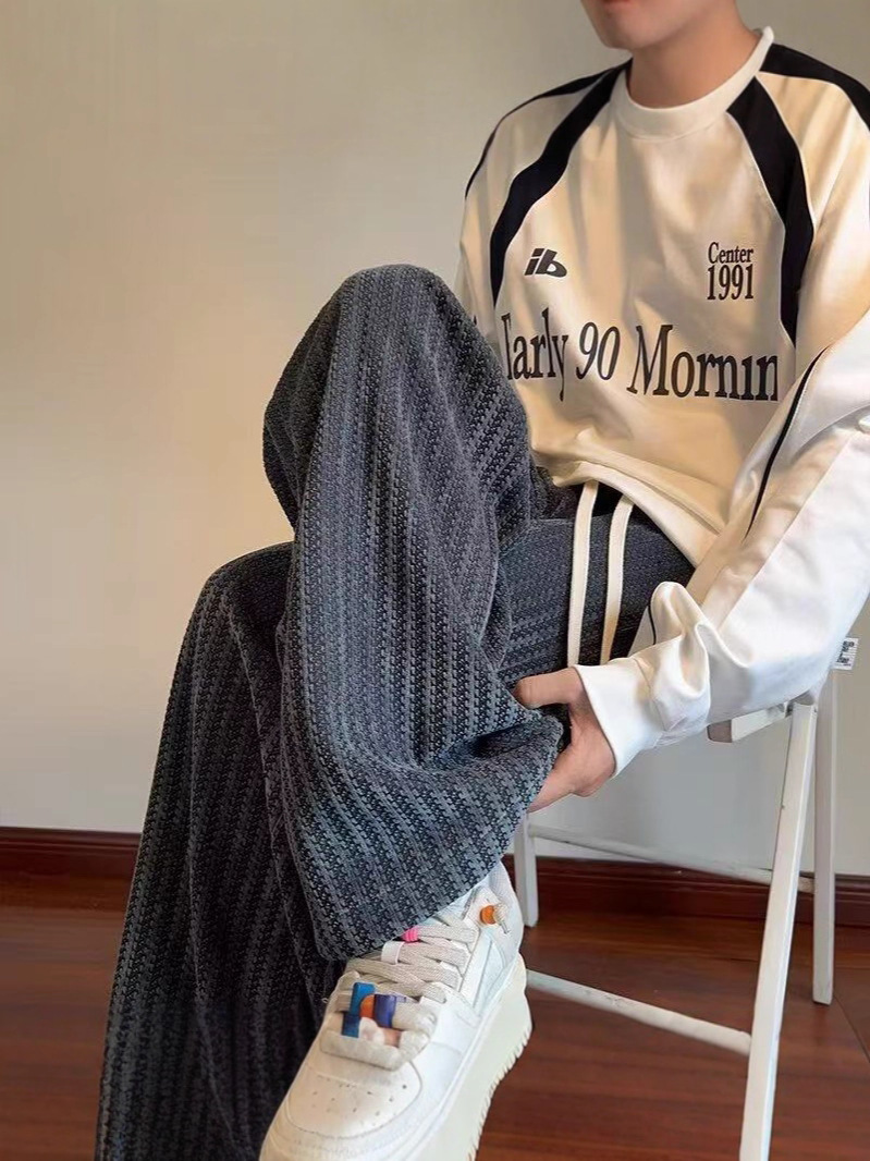 Pantalones deportivos casuales para hombres otoño y invierno marca de moda transfronteriza estriada de punto suelta rectos pesados pantalones