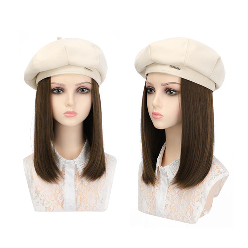 Hat and wig integrated female fashion new style internet celebrity clavicle hair wig hat medium-length straight hair beret versatile 