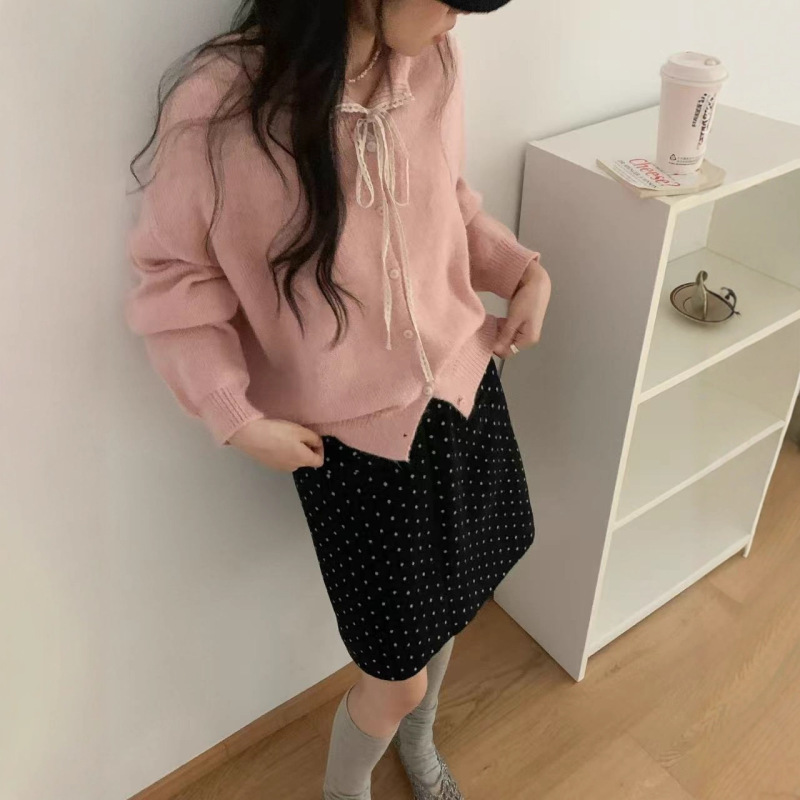 韩系系带蕾丝翻领毛衣小外套女秋冬新款纯色百搭软糯针织开衫|undefined