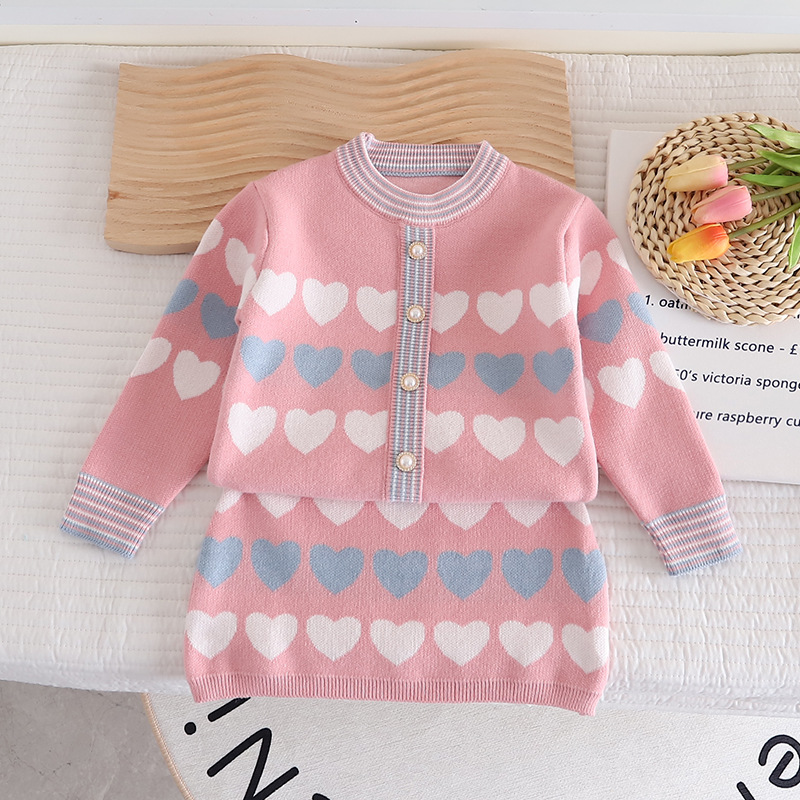 Mädchen Frühling und Herbst gestrickte neue Liebe Strickjacke Kinder Baby Pullover zweiteiliges Rock-Set_voghion.com