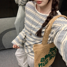 时尚休闲圆领条纹撞色长袖T恤女装2025早秋季新款慵懒松弛感上衣