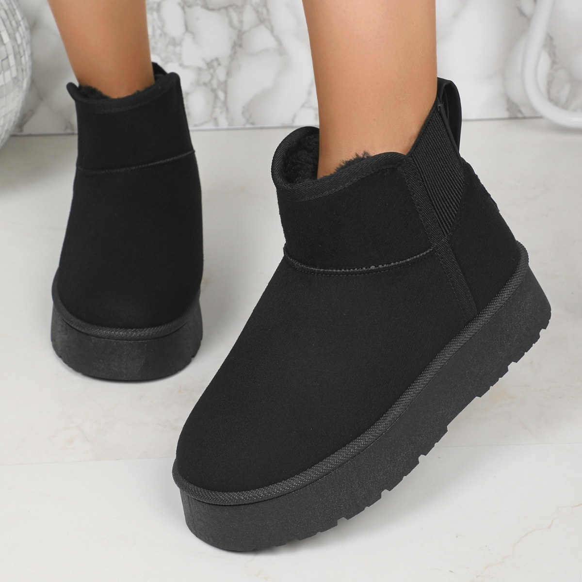 New women's snow boots with fleece thick sole warm snow cotton shoes brown black with wool inside_voghion.com