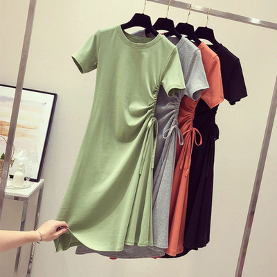 Aocado Green Dress 2021 Summer New ins Tight Waist Slimming Drawstring Stylish Korean Style Student T-Shirt Dress for Children