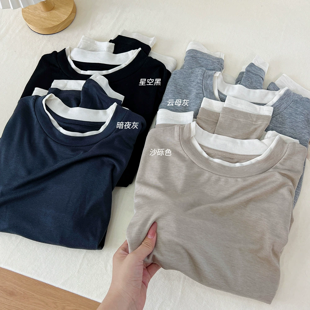Весенне-осенняя нишевая рубашка контрастного цвета из ацетата Tencel для женщин, многослойная искусственная футболка из двух частей с длинными рукавами и круглым вырезом, трикотаж внутри