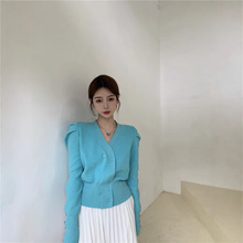 法式宫廷风泡泡袖拼接针织衫秋冬季V领长袖排扣修身针织开衫上衣