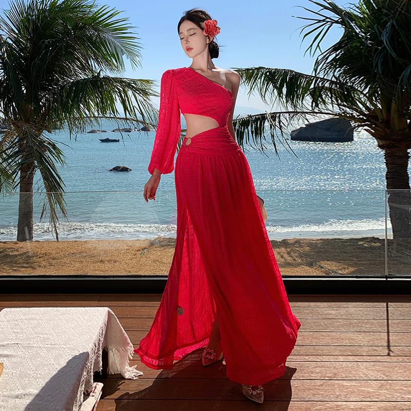 Women's Dresses 东南亚小众设计斜肩性感开叉露腰度假大摆连衣裙