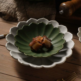 日式粗陶餐具网红盘子高足小吃点心碟餐厅菊皿家用菜盘茶点深汤盘