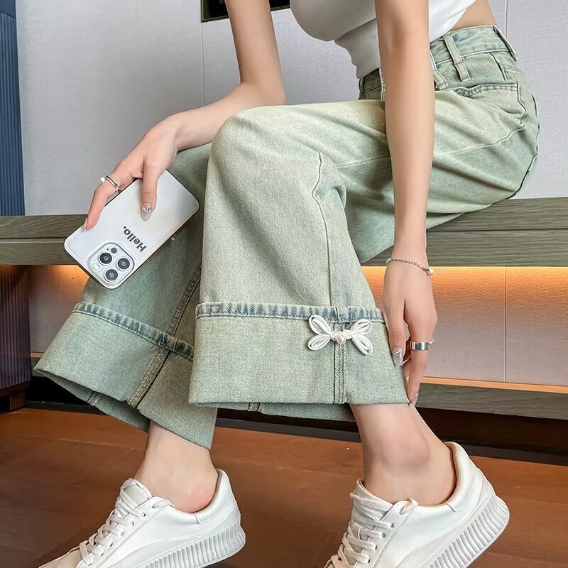 Guofeng Turn-up Wide Leg Jeans Women's Summer Thin Loose Straight High Waist Side Bow Button Ankle-length Pants