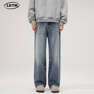LKTM Men's# American Vintage Washed Wide Leg Blue Jeans Men's and Women's Trendy All-match Loose Straight Pants