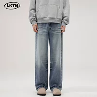 LKTM Men # американский ретро мойки широкие синие джинсы для мужчин и женщин тренд дикие свободные прямые брюки
